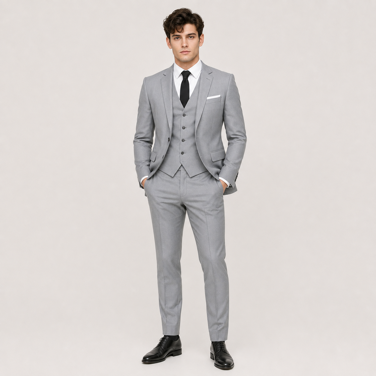 A man modeling a light gray three-piece suit with a matching vest, white dress shirt, black tie, and black dress shoes against a plain light gray studio background.