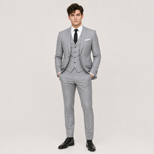 A man modeling a light gray three-piece suit with a matching vest, white dress shirt, black tie, and black dress shoes against a plain light gray studio background.
