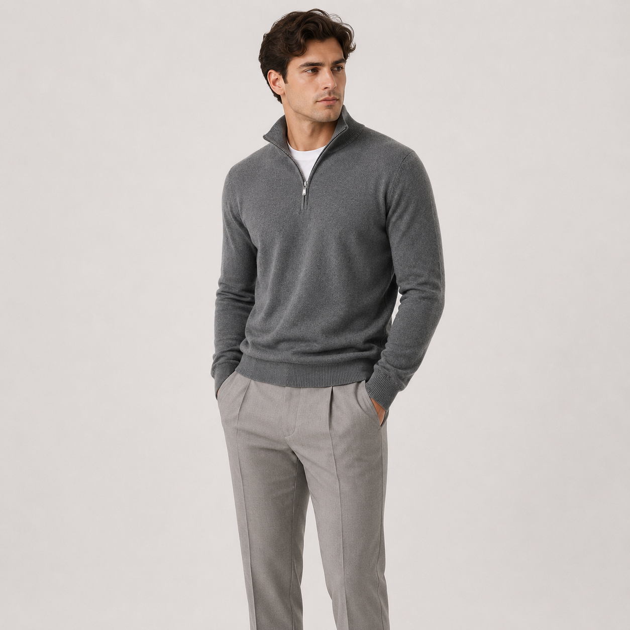 A man wearing a dark gray quarter-zip knit sweater over a white undershirt and light gray trousers, standing against a plain light gray studio background.