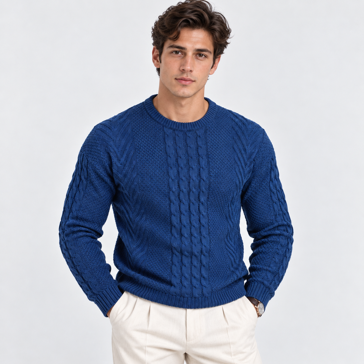 A man wearing a royal blue cable-knit crewneck sweater and cream trousers, standing against a light gray studio background.