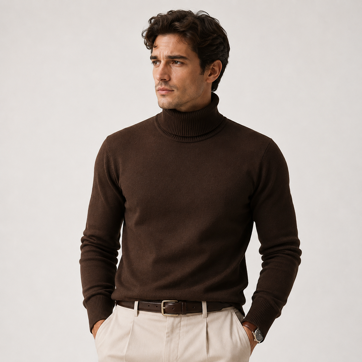 A man wearing a dark brown ribbed turtleneck sweater, paired with beige trousers and a brown belt, standing against a light gray studio background.