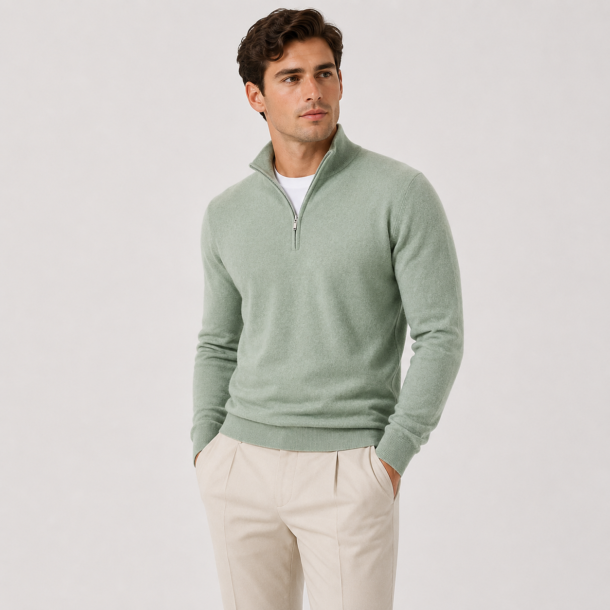 A man wearing a sage green quarter-zip knit sweater over a white undershirt and beige trousers, standing against a light gray studio background.