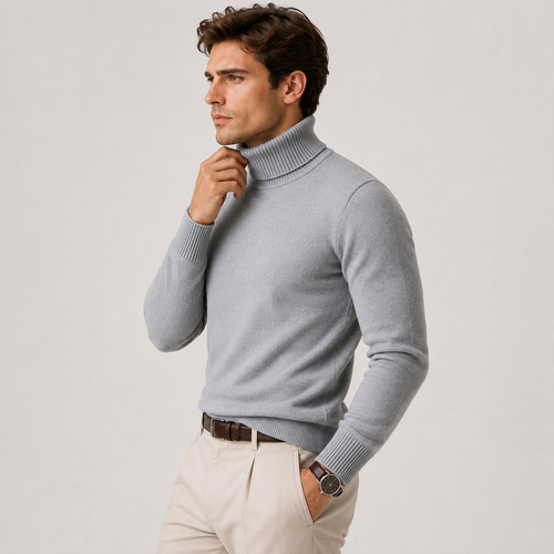 A man wearing a light gray ribbed turtleneck sweater, beige trousers, and a brown belt, posed against a light gray studio background.