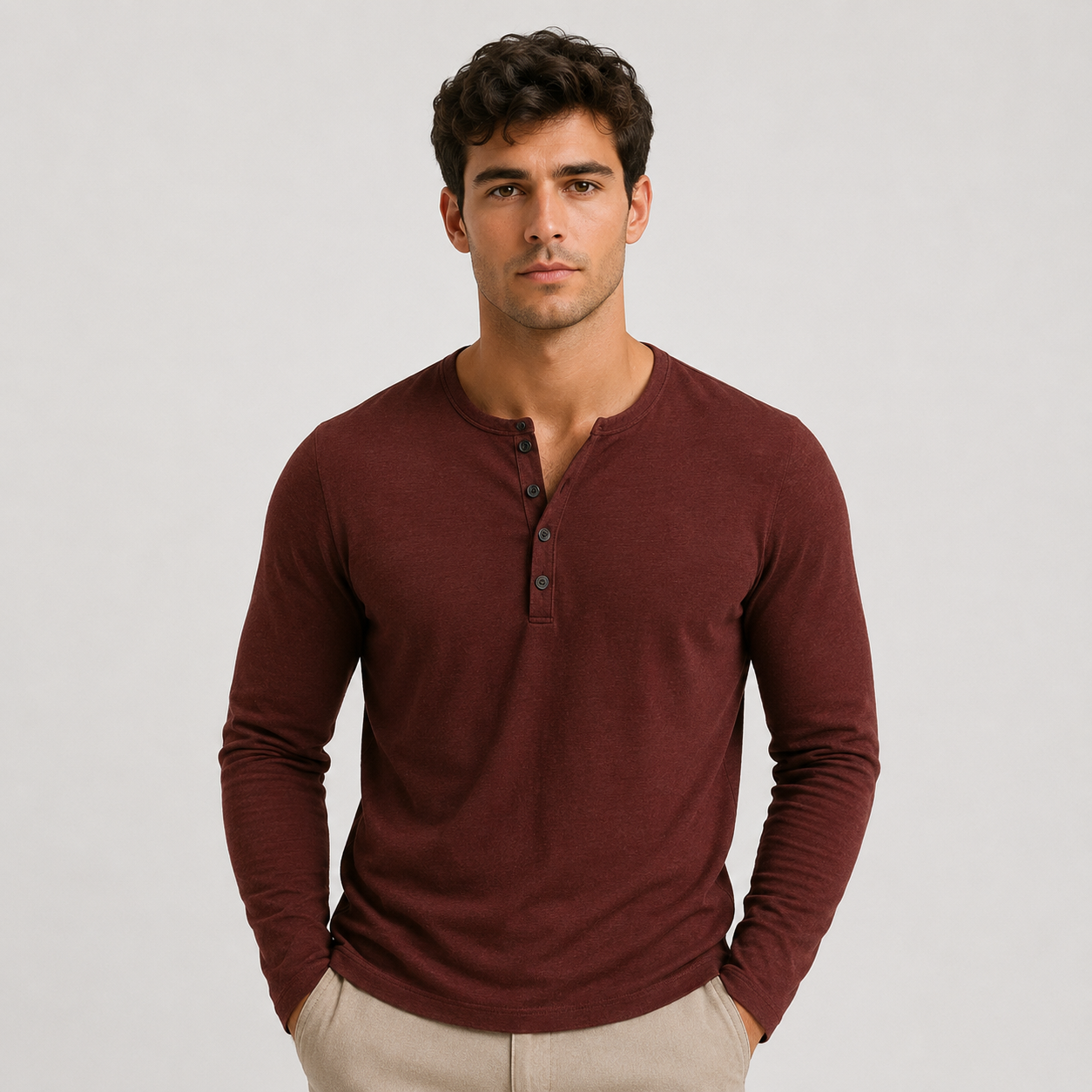 A man wearing a long-sleeve henley shirt in a deep burgundy color, paired with light beige pants, standing against a plain light gray studio background.