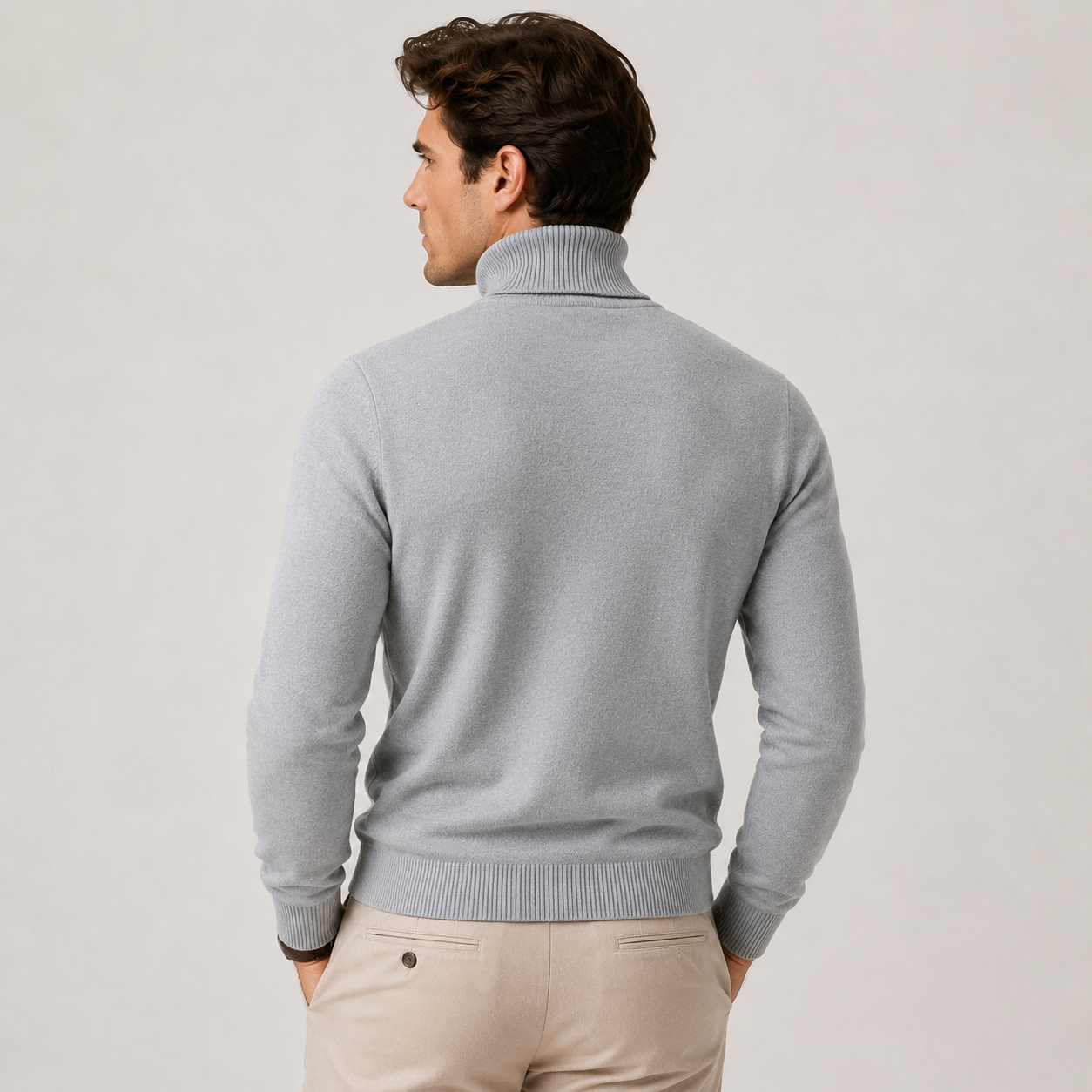 A man wearing a light gray ribbed turtleneck sweater, shown from the back, paired with beige trousers, against a plain light gray studio background.