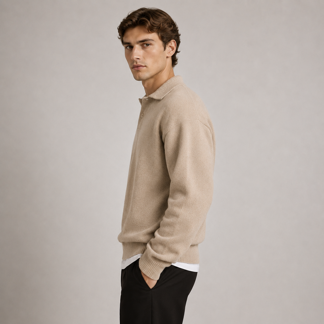 A man wearing a beige knit polo sweater and black trousers, standing in profile against a neutral light gray studio background.