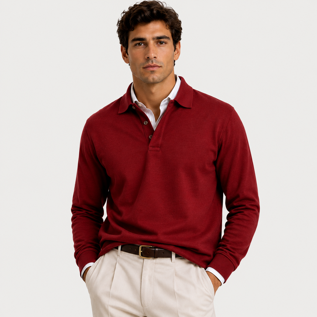 A man wearing a long-sleeve polo shirt in deep burgundy over a white collared shirt, paired with cream trousers and a brown belt, against a light gray studio background.