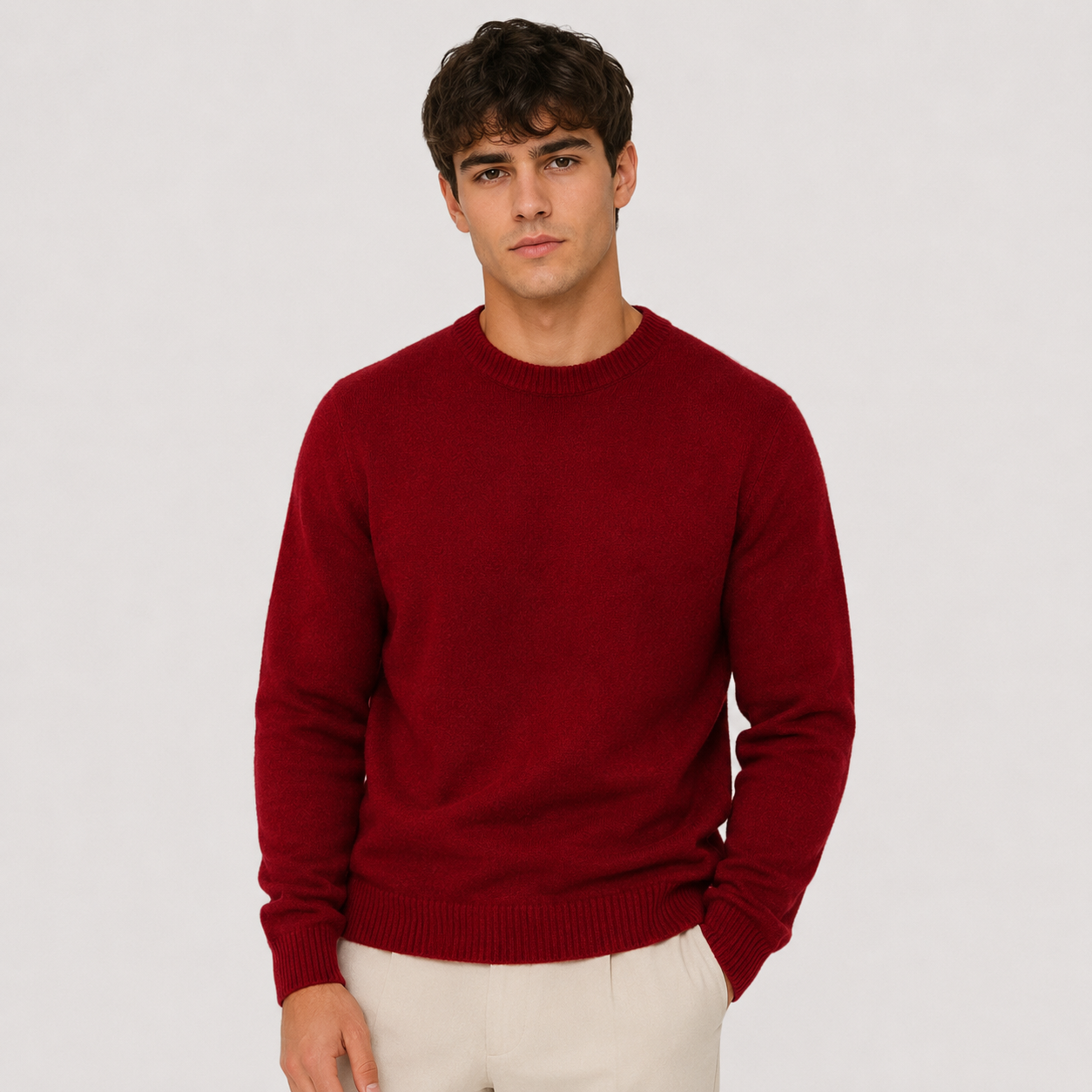 A man wearing a solid deep red crewneck sweater and off-white trousers, standing against a light gray studio background.