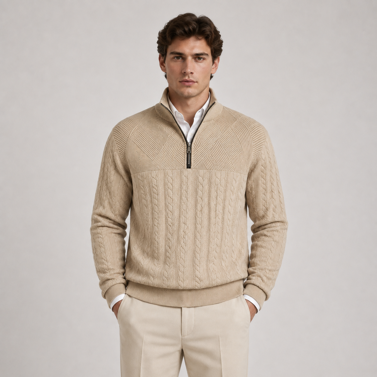 A man wearing a beige cable-knit quarter-zip sweater over a white collared shirt, paired with beige trousers, standing against a light gray studio background.