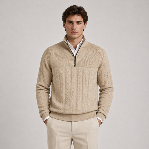 A man wearing a beige cable-knit quarter-zip sweater over a white collared shirt, paired with beige trousers, standing against a light gray studio background.