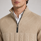 Close-up of a man wearing a beige textured quarter-zip sweater over a white collared shirt, with the zipper pull showing the brand name ARIS.