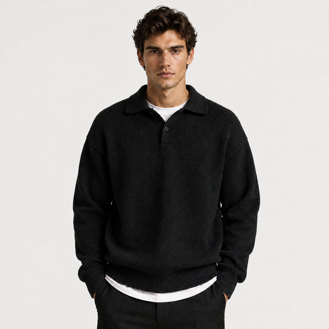 A man wearing a black knit polo sweater over a white undershirt, standing against a light gray studio background.