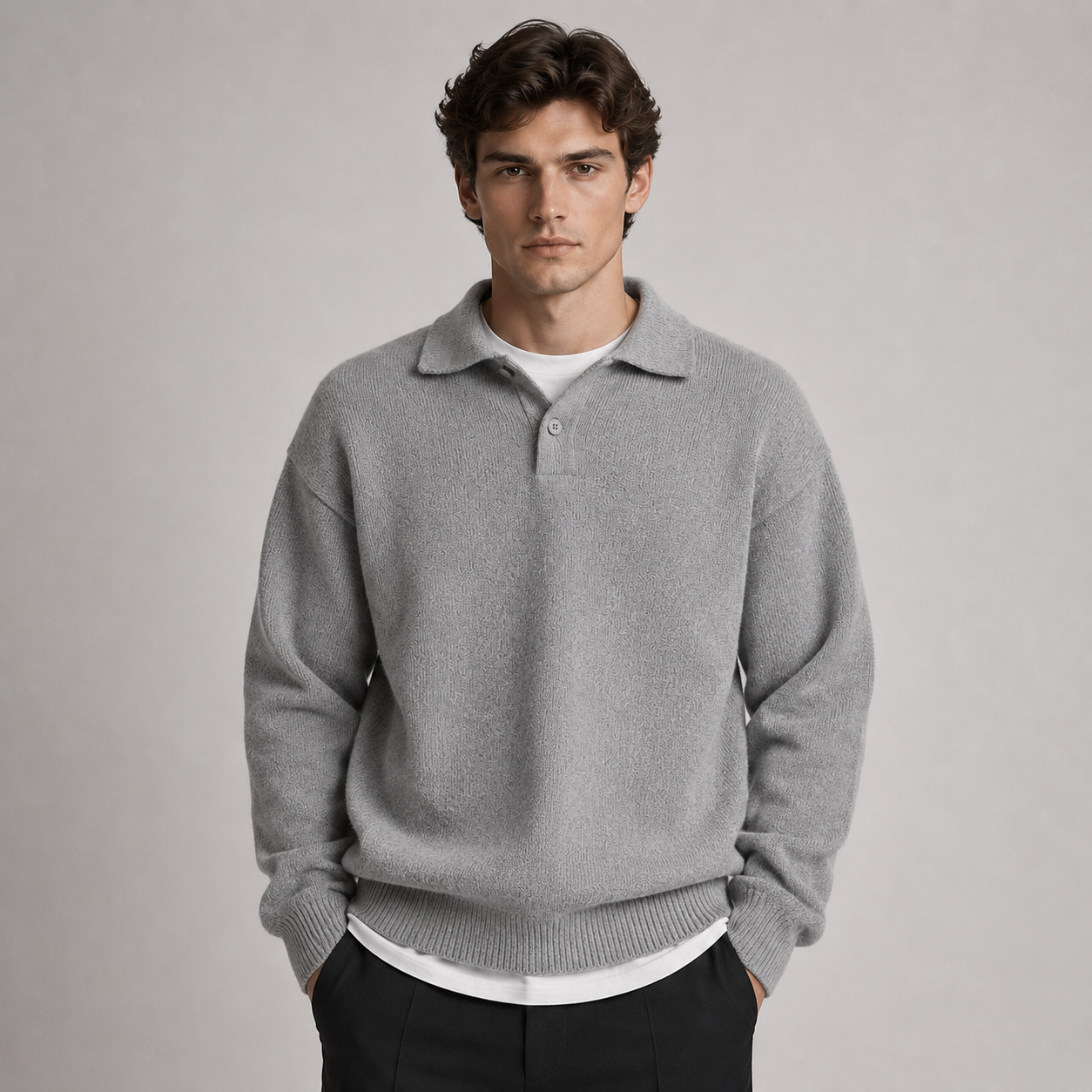 A man wearing a light gray knit polo sweater over a white t-shirt and black trousers, standing against a neutral gray studio background.