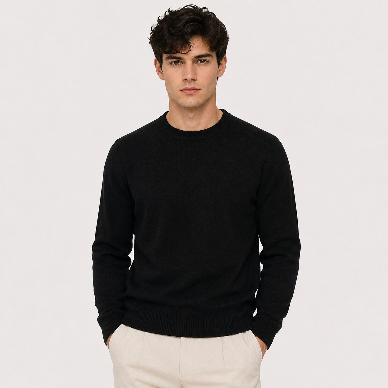 A man wearing a black crewneck knit sweater and off-white trousers, standing against a plain light gray studio background.