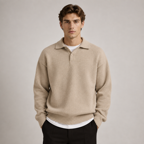 A man wearing a beige knit polo sweater over a white t-shirt and black trousers, standing against a neutral light gray background.