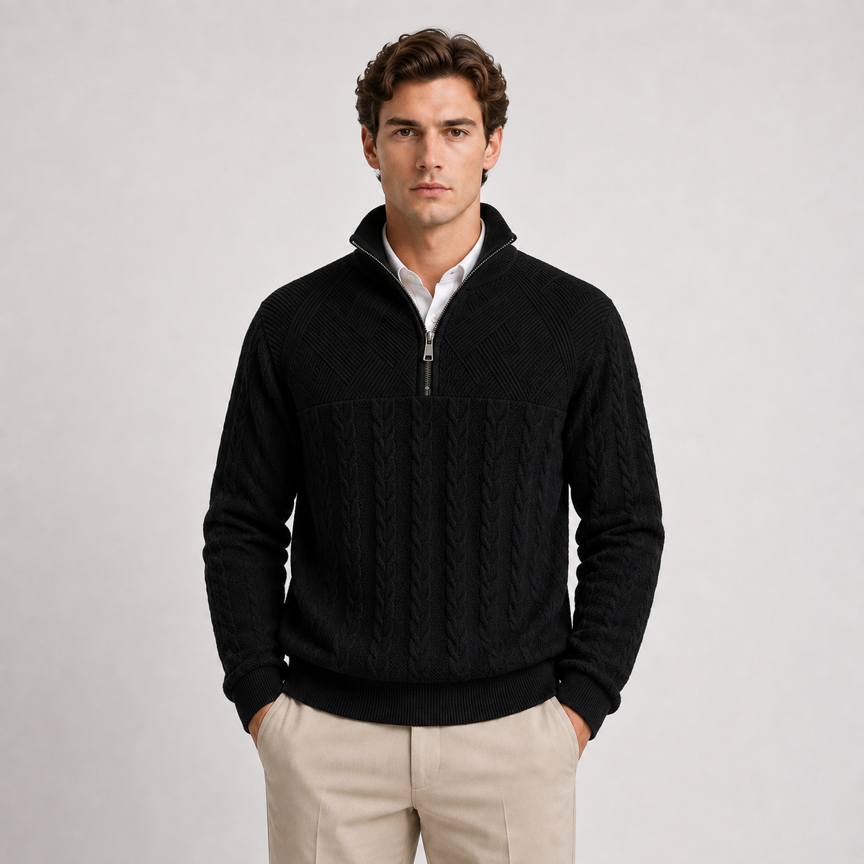 A man wearing a black quarter-zip knit sweater with cable and textured panel details, styled over a white collared shirt and beige trousers, against a light gray studio background.