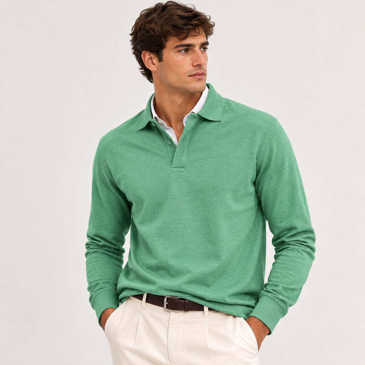 A man wearing a green long-sleeve polo shirt over a white collared shirt, paired with off-white trousers and a dark brown belt, photographed against a light gray studio background.
