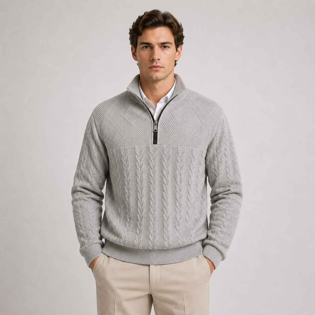 A man wearing a light gray cable-knit quarter-zip sweater over a white collared shirt and beige trousers, standing against a neutral light gray studio background.