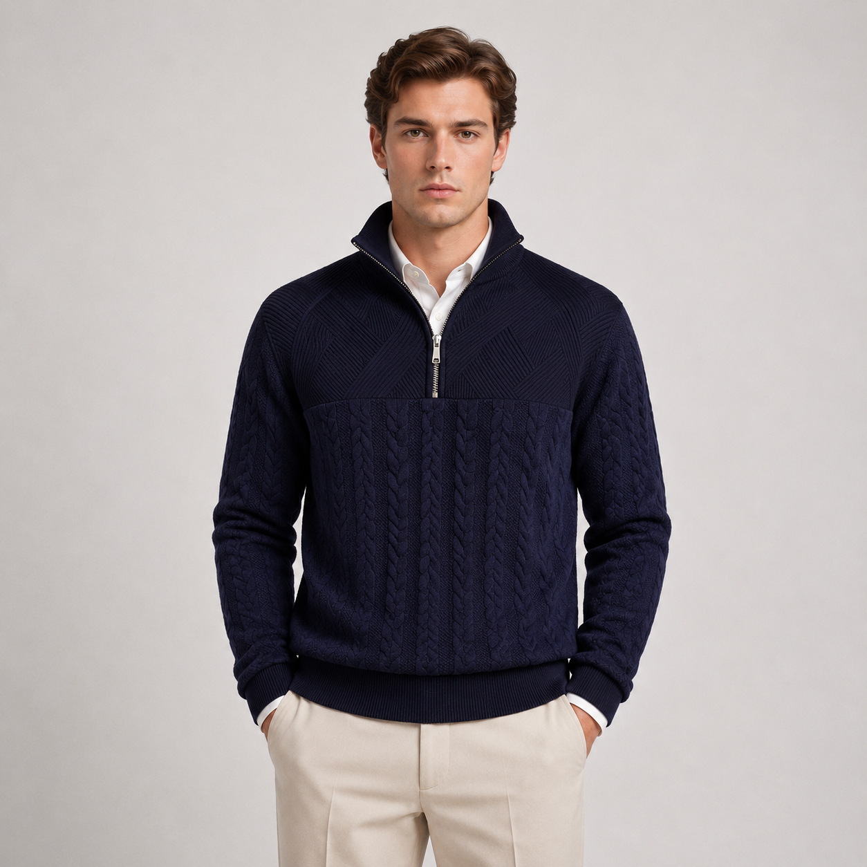 A man wearing a navy blue quarter-zip knit sweater with cable and rib textures, layered over a white collared shirt and paired with beige trousers, standing against a light gray studio background.