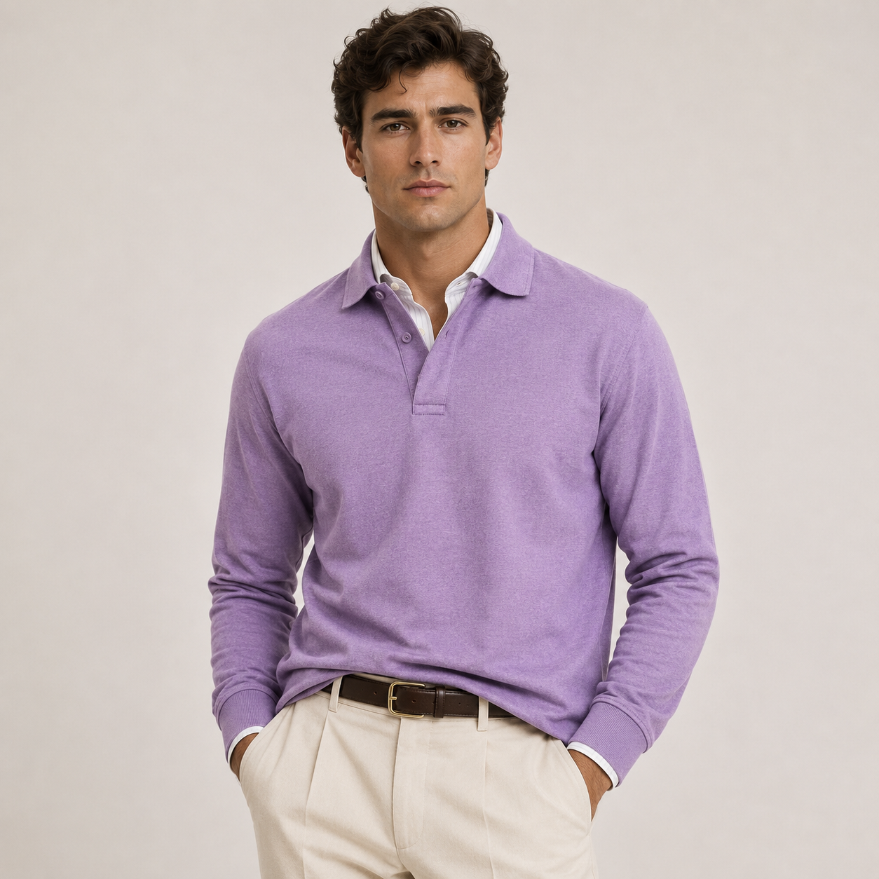 A man wearing a light purple long-sleeve polo sweater over a white collared shirt, paired with beige trousers and a dark brown belt, standing against a plain light beige studio background.