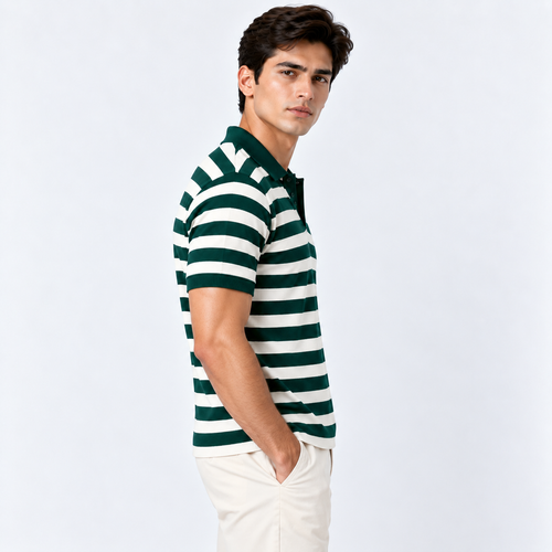 A man wearing a dark green and white horizontally striped short-sleeve polo shirt with off-white trousers, photographed against a clean light gray studio background.