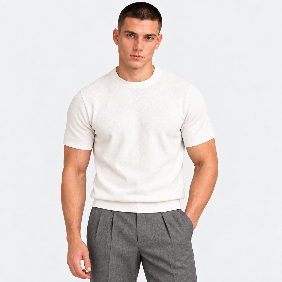 Men's white crew neck T-shirt with short sleeves and regular fit