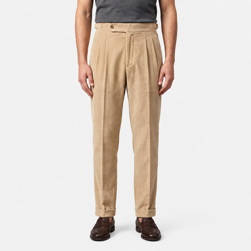 A person wearing beige pleated trousers with a dark gray shirt and brown leather shoes, shown from the waist down against a light gray studio background.