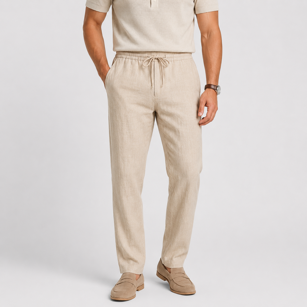 A man wearing beige drawstring linen pants, a matching beige short-sleeve polo shirt, and tan loafers, standing against a light gray studio background.
