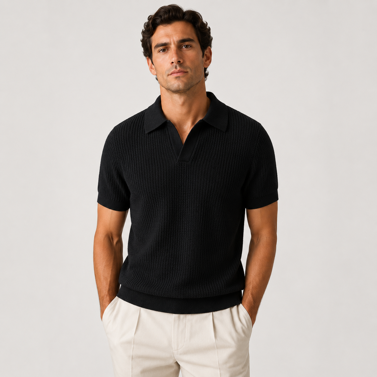 A man wearing a black ribbed short-sleeve polo shirt and off-white trousers, standing against a light gray studio background.