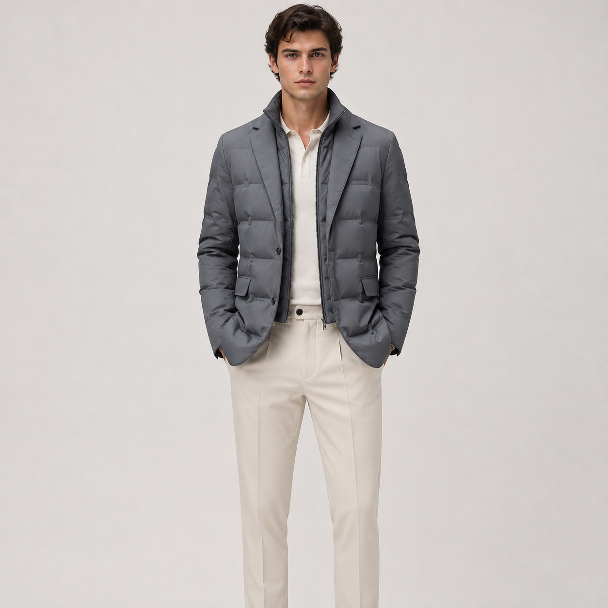 A man modeling a dark gray puffer jacket over a white shirt and cream trousers, standing against a light gray studio background.