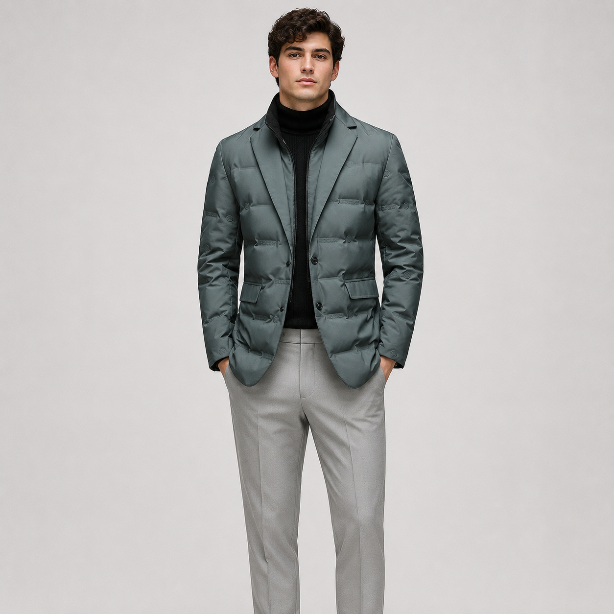 A man modeling a dark slate green puffer blazer over a black turtleneck sweater and light gray trousers, standing against a solid light gray studio background.