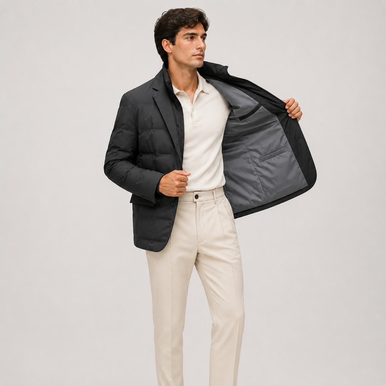 A man modeling a black puffer jacket with a gray interior lining, worn over a white polo shirt and cream trousers, against a light gray studio background.