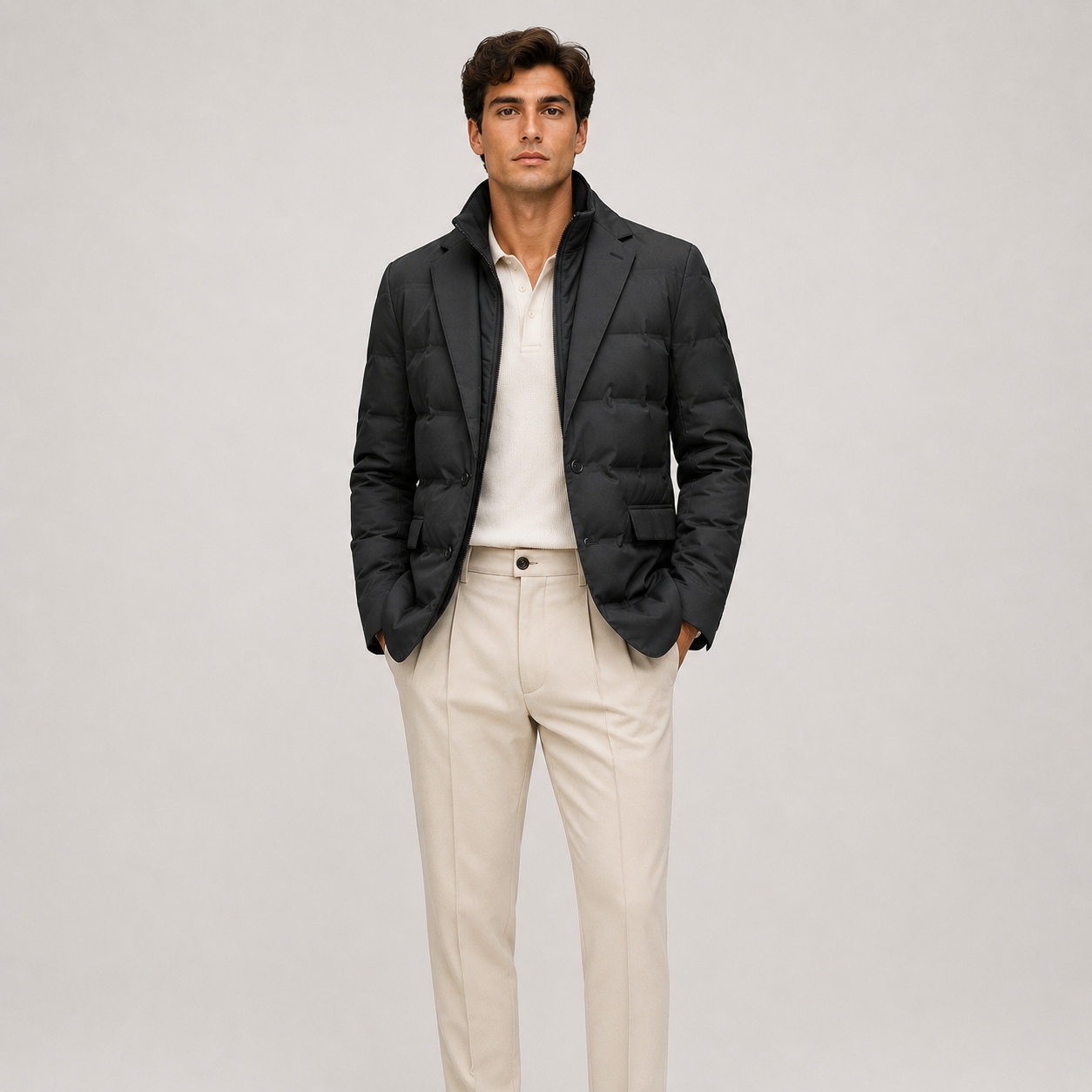 A man modeling a black quilted puffer jacket over a white polo shirt and cream trousers, standing against a light gray studio background.