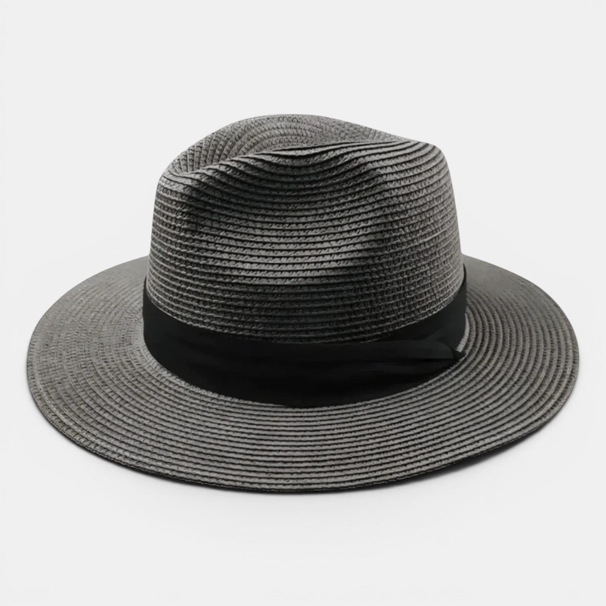 Gray straw hat with a black band on a white background