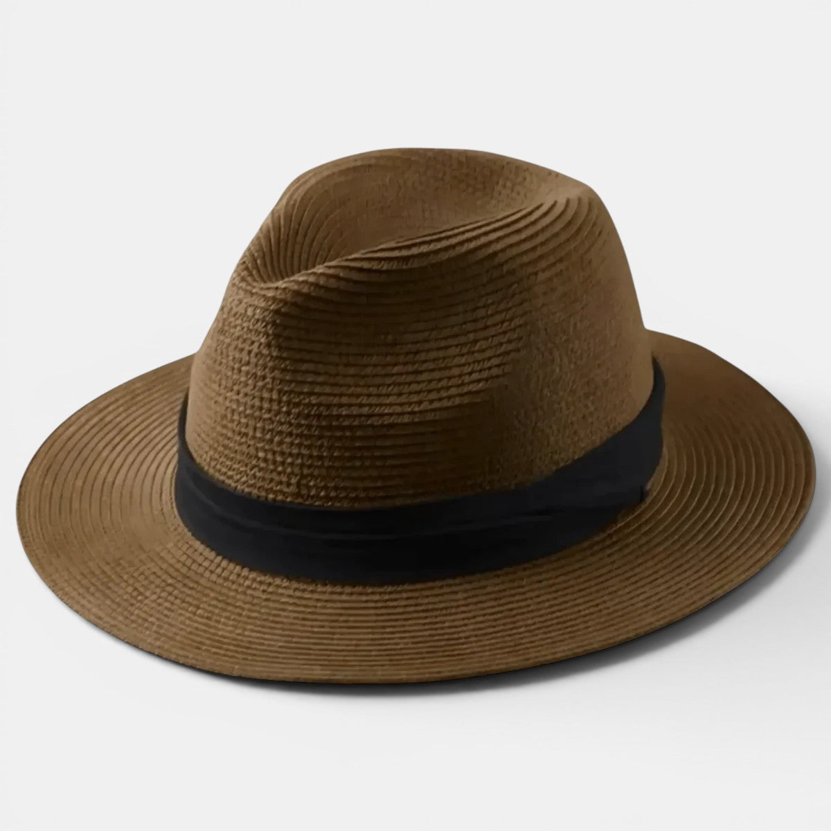 Brown straw hat with a black band on a white background
