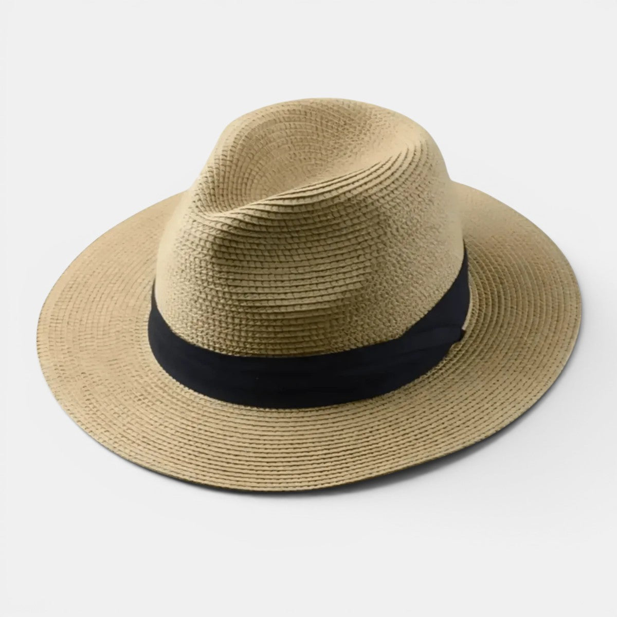 Beige straw hat with a black band on a white background