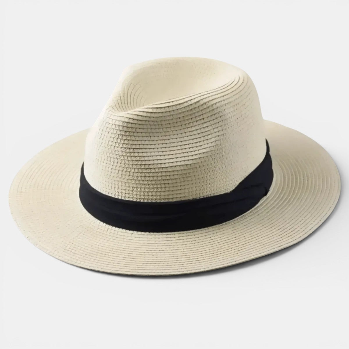 Beige straw hat with a black band on a light gray background
