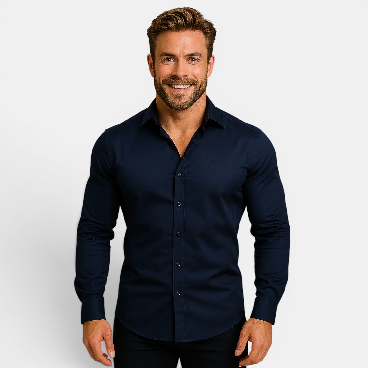Man wearing a navy blue shirt against a plain background