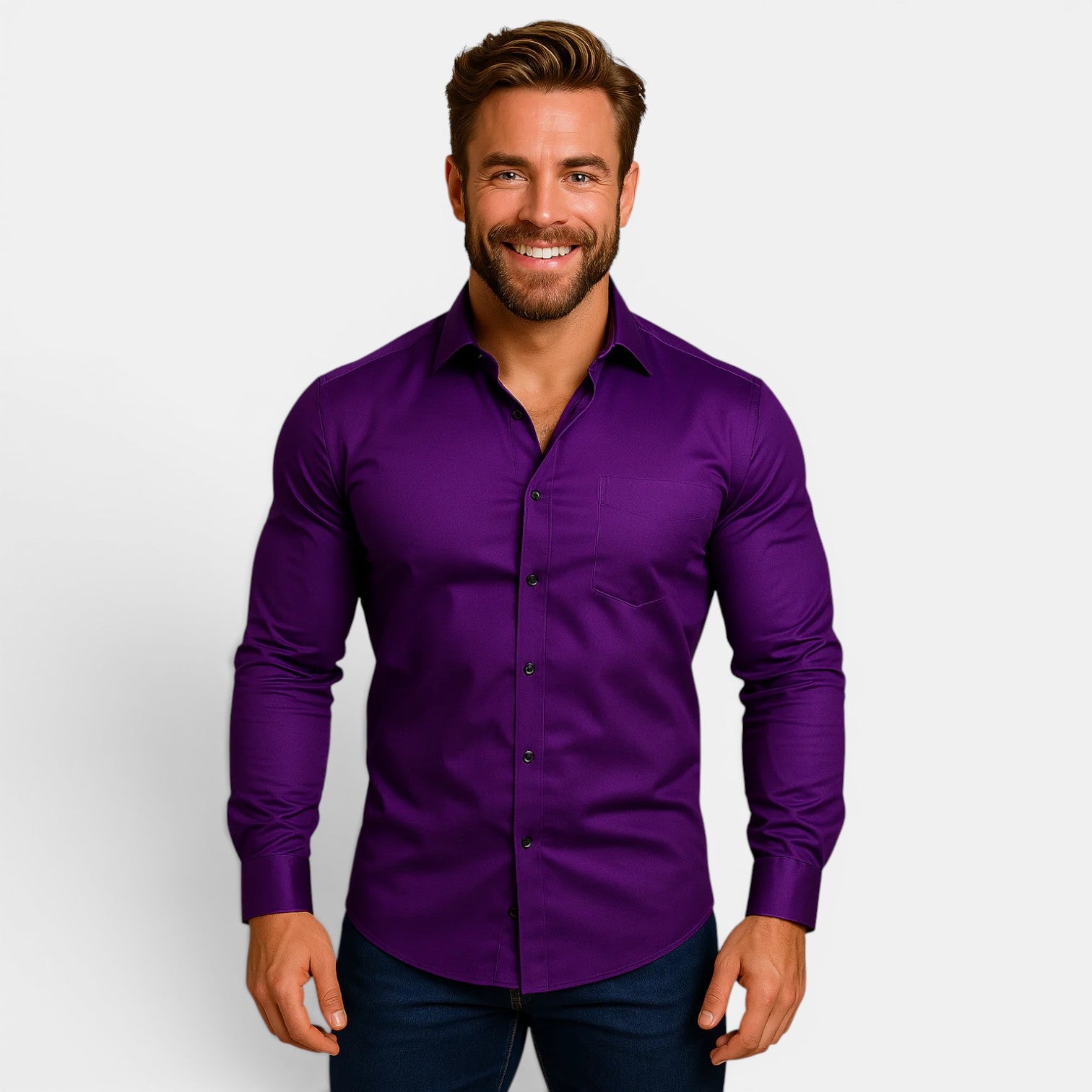 Man wearing a purple shirt against a plain background