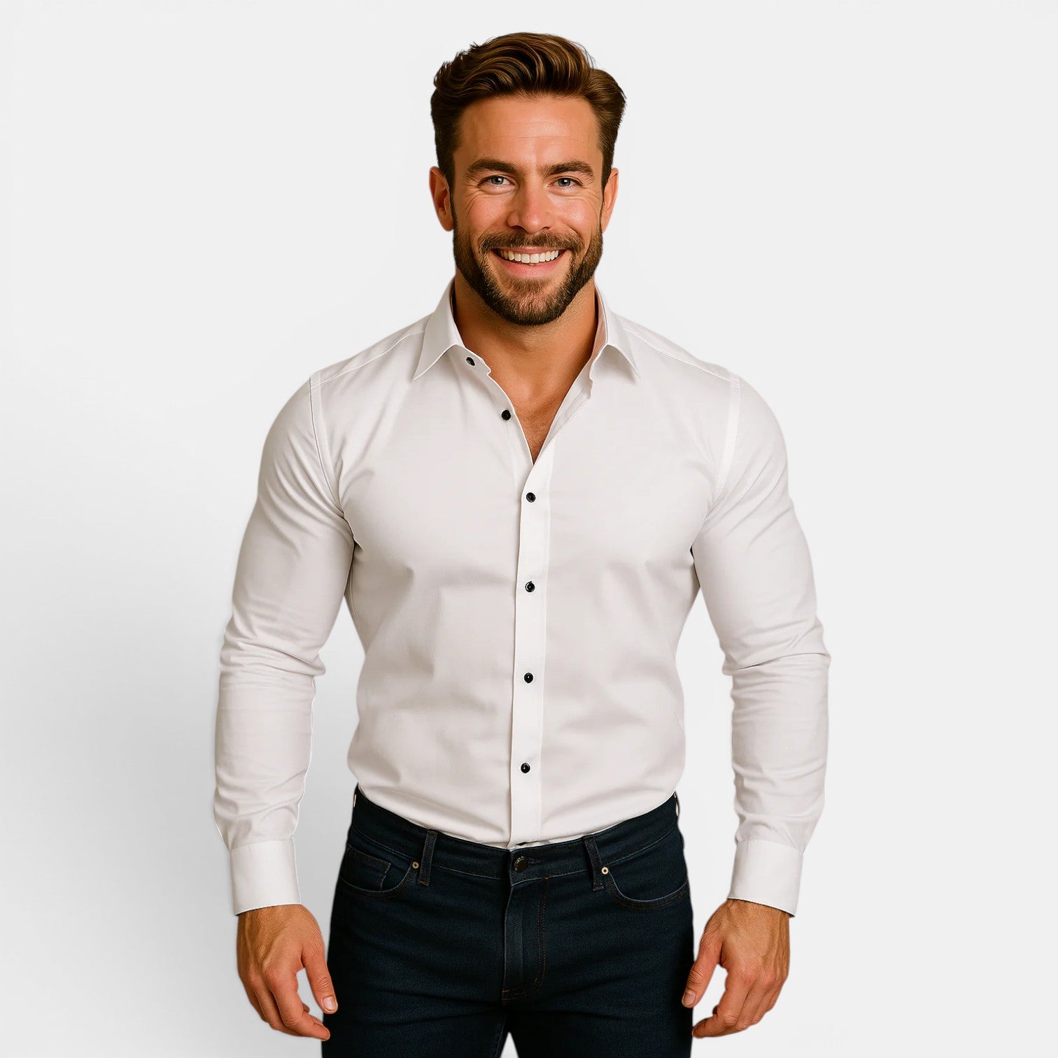 Man wearing a white dress shirt with black buttons on a plain background