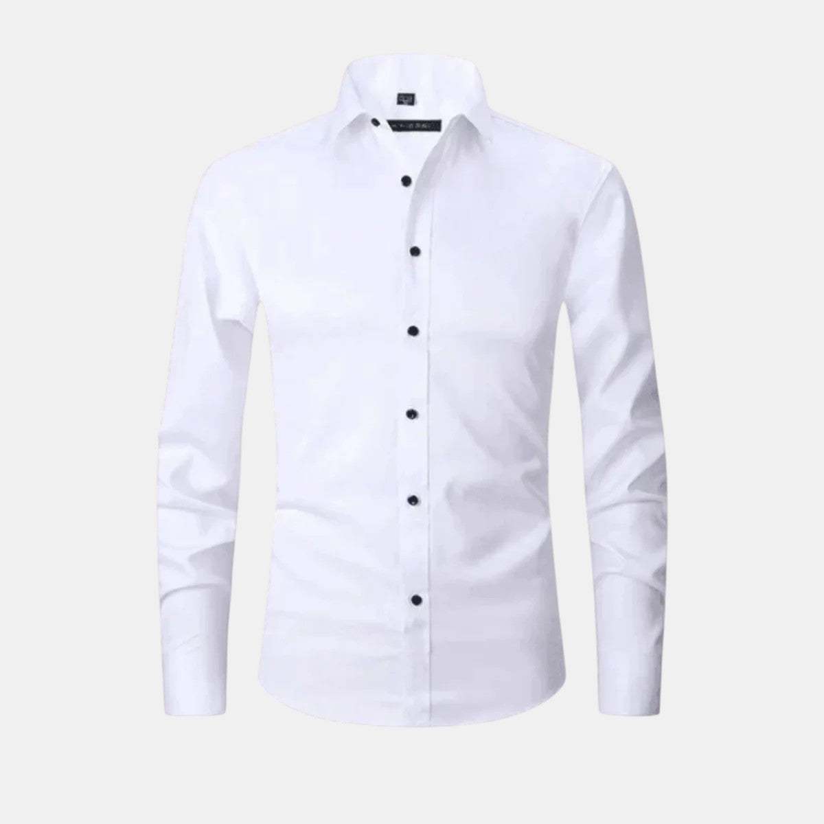 White dress shirt with black buttons on a light gray background