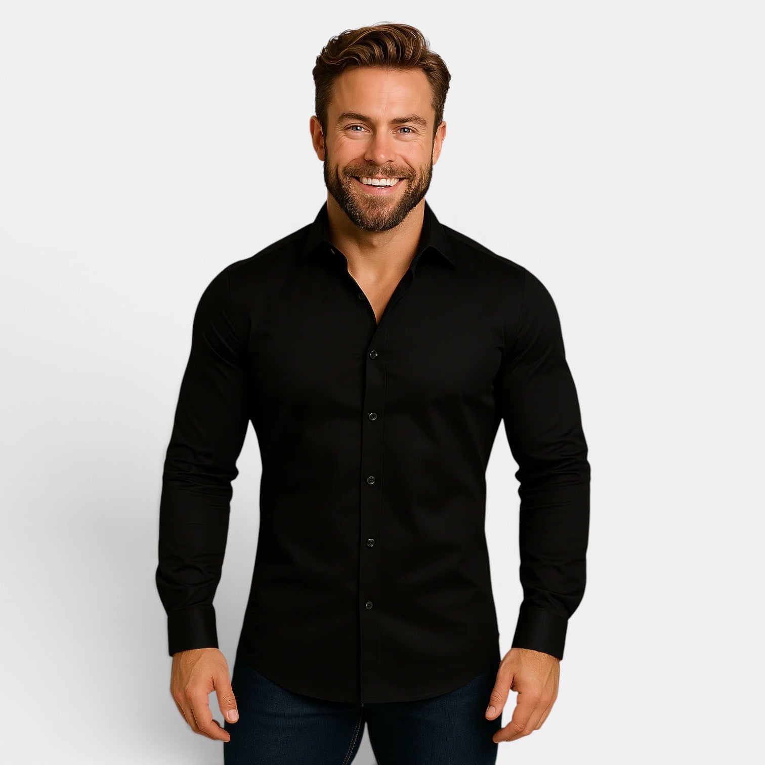 Man wearing a black shirt against a plain background