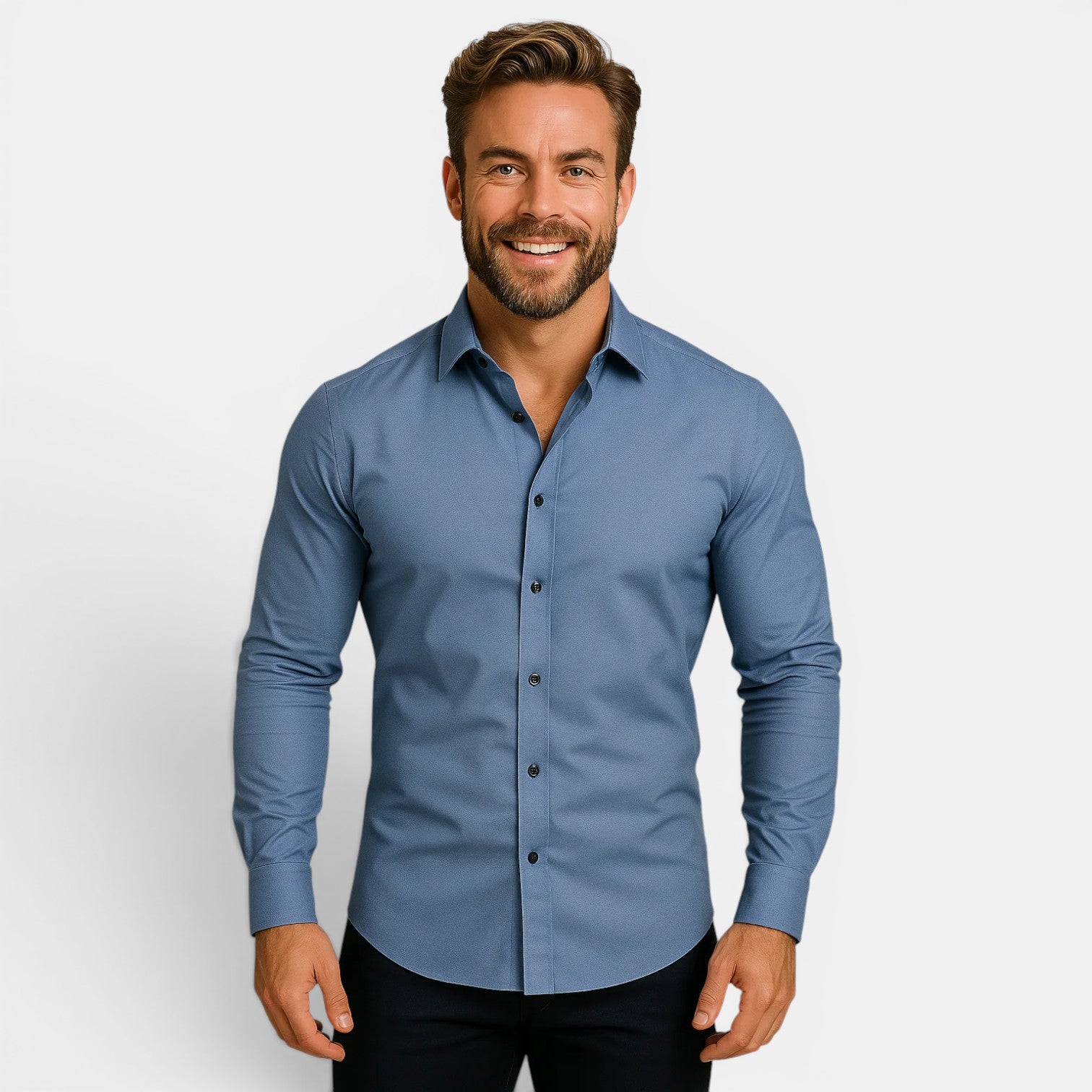 Man wearing a blue dress shirt against a plain background