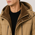 Close-up of a man wearing a tan hooded jacket with a brown corduroy collar over a black ribbed sweater, against a light gray studio background.