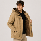 A man wearing a tan hooded jacket with a brown corduroy-lined interior, shown against a light gray studio background.