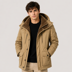 A man wearing a tan hooded winter parka jacket with a dark brown fleece-lined hood, layered over a black ribbed sweater and beige pants, photographed against a light gray studio background.