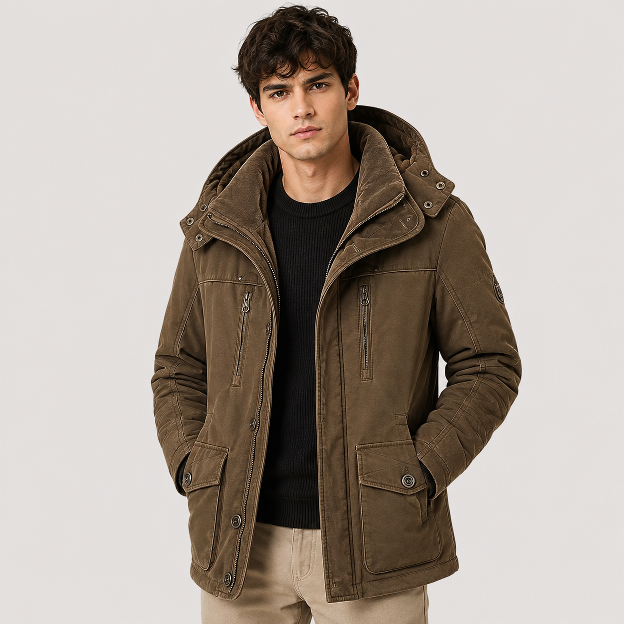 A man wearing an olive brown hooded utility jacket over a black shirt and beige pants, photographed against a light gray studio background.