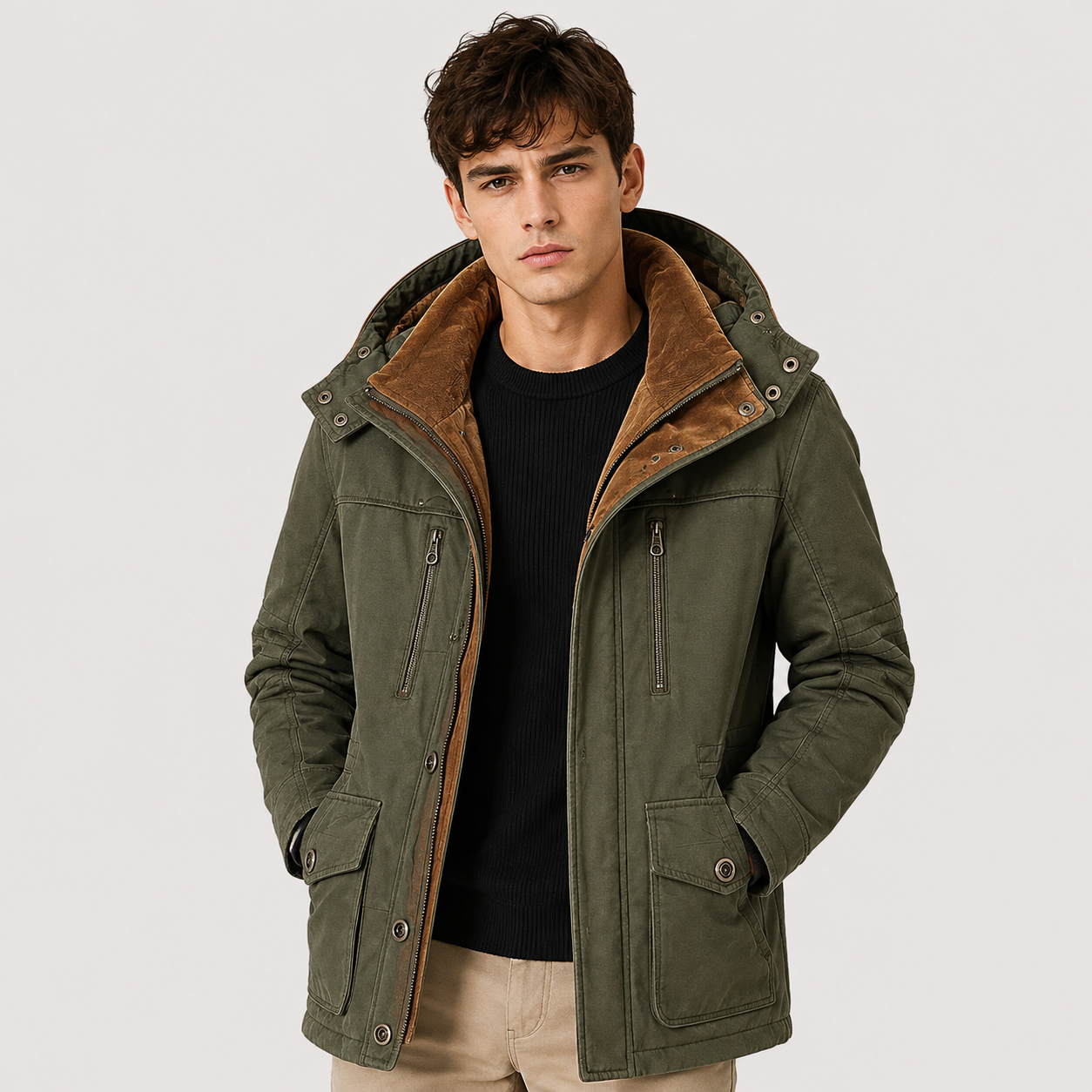 A man wearing an olive green hooded jacket with a brown sherpa-lined hood, layered over a black shirt and beige pants, photographed against a light gray studio background.