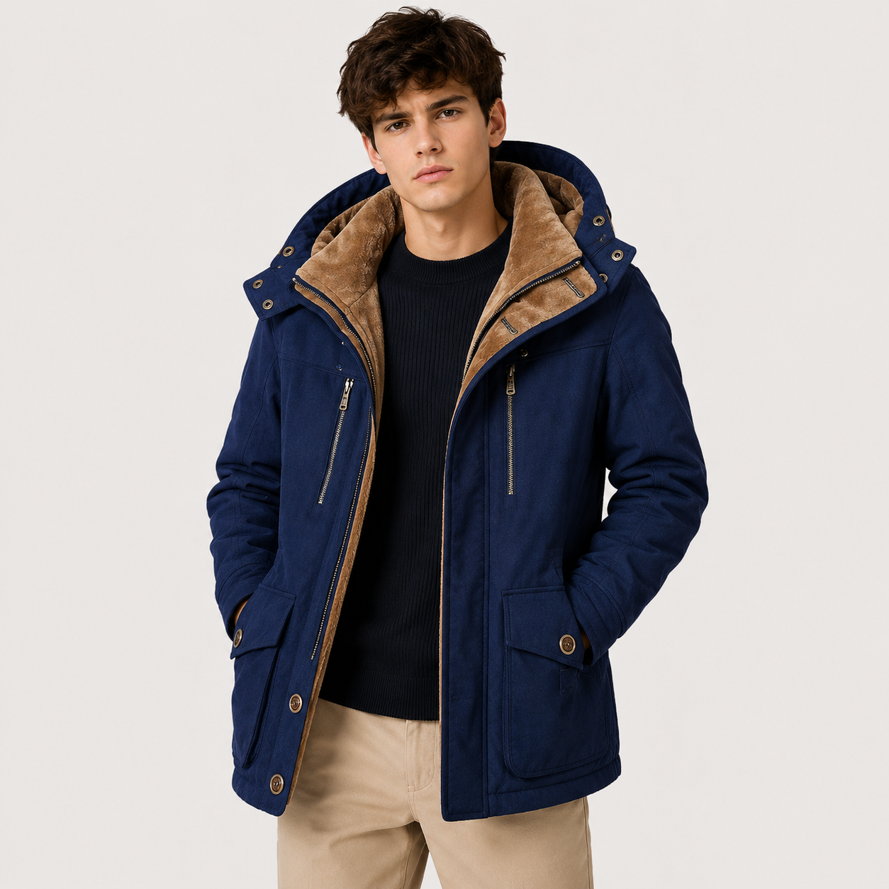 A man wearing a navy blue hooded winter jacket with a tan sherpa-lined hood, layered over a black ribbed sweater and beige trousers, photographed against a light gray studio background.
