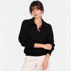 Women's black knit polo sweater with collared neckline and button placket